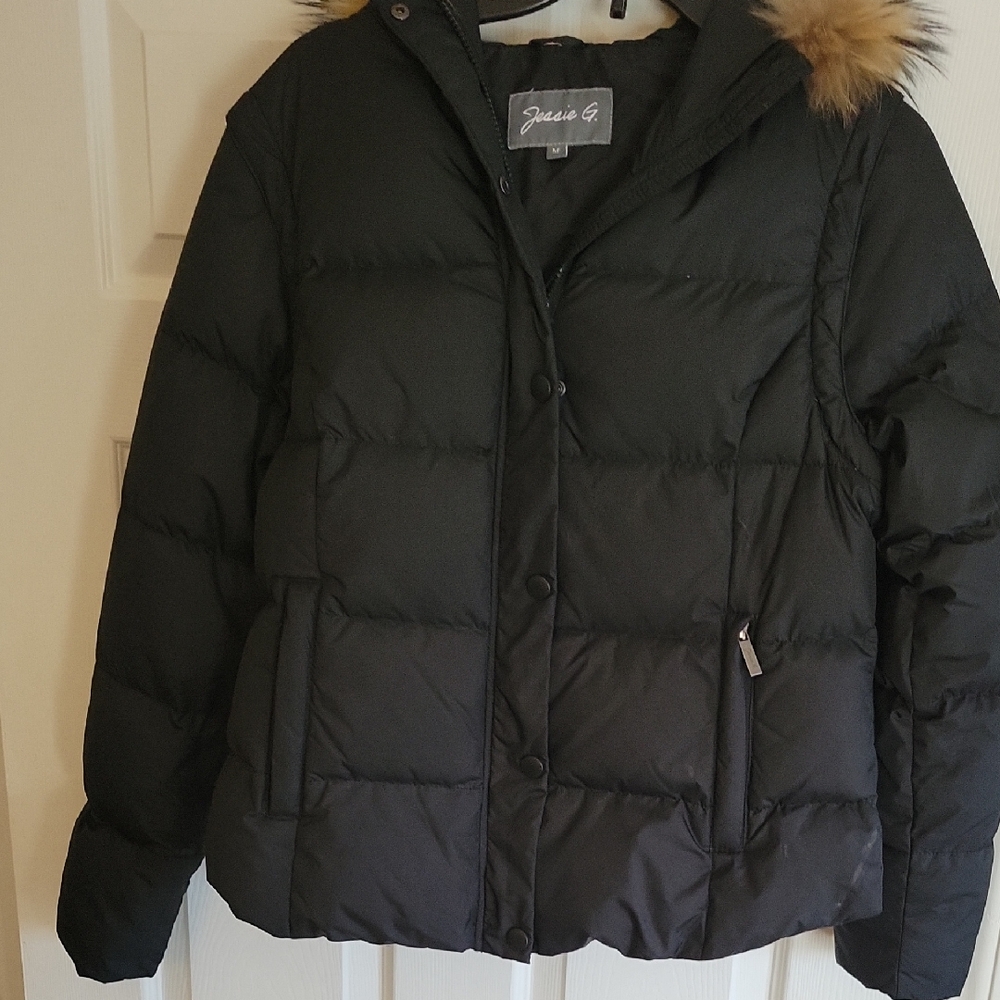 Black Puffer Jacket/ Vest with Fur Trim